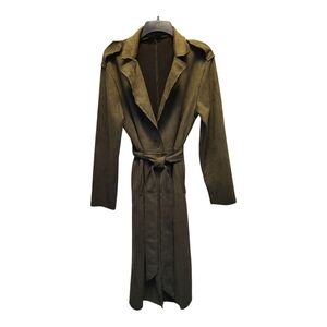 PrettyGarden Olive Green Soft Trench Coat with Belt and Notched Lapels - Size L